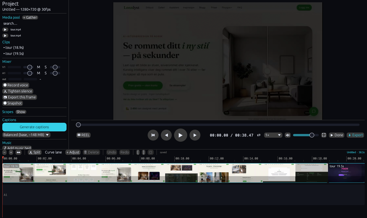 The Reel editor: media pool, mixer, captions and a thumbnail timeline